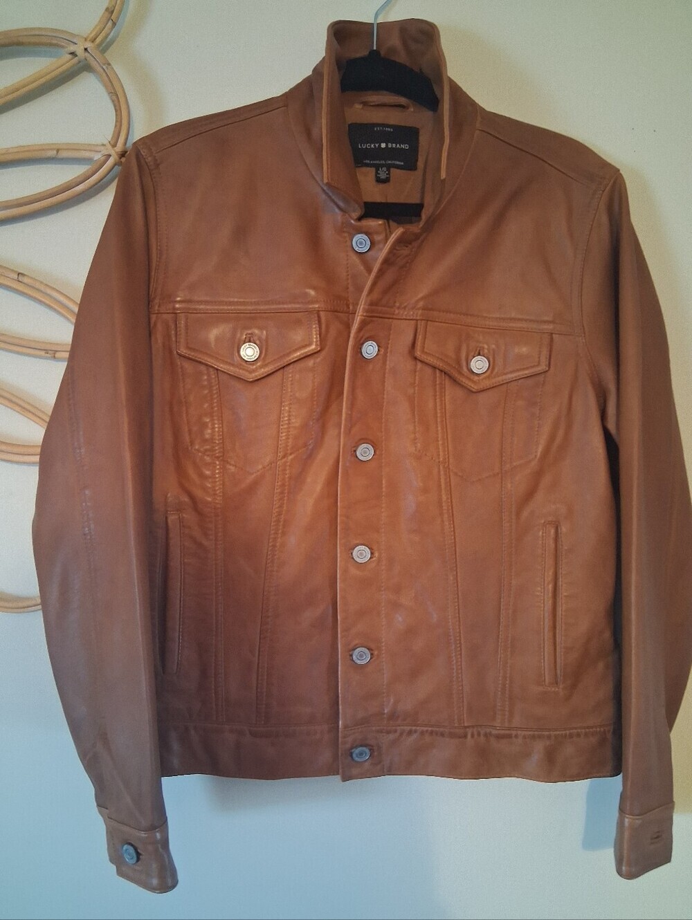 NWOT Lucky Brand Leather Trucker Jacket In Color: Cognac Size L - Picture 5 of 15